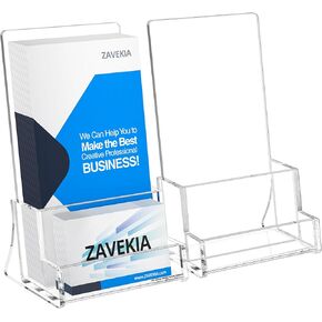 zavekia 2 Pack Acrylic Brochure Holder With business card holder, 4 x 9 inches Clear Acrylic Literature Holder Plastic Flyer Display Stand