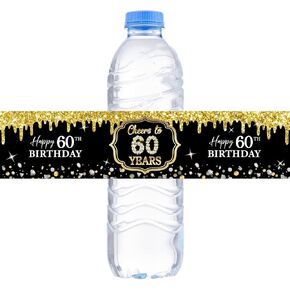 32Pcs Cheers to 60 Years Water Bottle Labels, Happy 60th Birthday Labels Stickers for Women and Men Birthday Party Decorations - Black