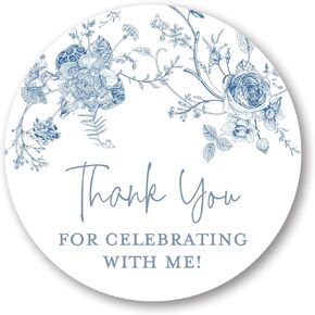 2" Round Blue Vintage Floral Thank You Faovor Stickers - - Set of 40