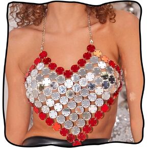 Sparkly Heart Bra Top Silver Dot Sequin Club Party Chest Top for Women