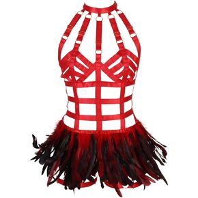 Women's Bra Set Feather Skirt Halloween Fashion Body Harness Waist Belt Elastic Cage Bra Gothic Rave Wear