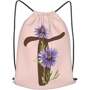 Pink Drawstring Bag for Women Girls Kids Teens Students Floral Initial Drawstring Backpack Sackpack Draw String Cinch Bags for Sports, Gym, Travel, Swimming, Beach, Camping, Letter T