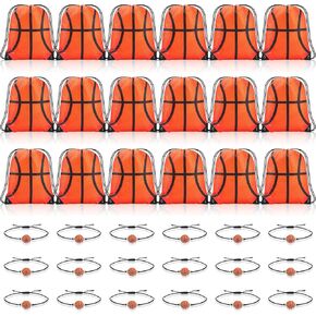 Reginary 18 Pcs Basketball Drawstring Bag and 18 Pcs Basketball Bracelet Bulk, Basketball Goodie Bags Basketball Drawstring Backpack Adjustable Braided Basketball Charm Bracelet for Boys Girls
