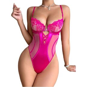 OYOANGLE Women's Floral Embroidery Contrast Mesh Lingerie Babydoll Cut Out Heart Ring Teddy Bodysuit Sleepwear