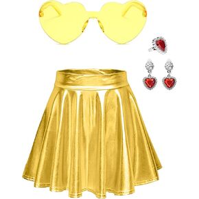 Girls Metallic Skirts Shiny Mini Skater Sparkly Festival Outfit Skirt with Same Color Accessories