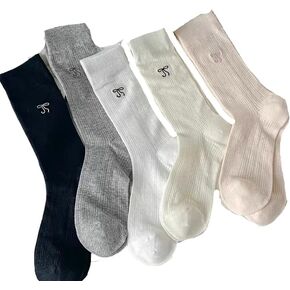 5 Pairs Women Cute Bow Thin Cotton Knit Crew Socks Fashion Mid-Calf Socks with Embroidered Bow