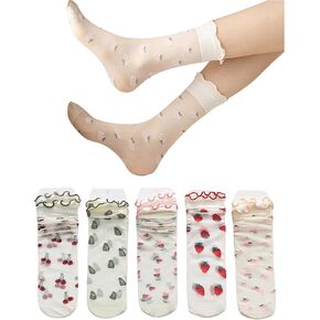 SHENHE Women's 5 Pairs Sheer Socks Lettuce Trim Thin Silk Ruffle Crew Socks Mesh See Through Cute Socks