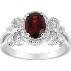 Jewelili Enchanted Disney Fine Jewelry Sterling Silver 8x6 MM Oval Cut Red Garnet and 1/6 Cttw Natural White Round Diamonds Snow White Bow Ring