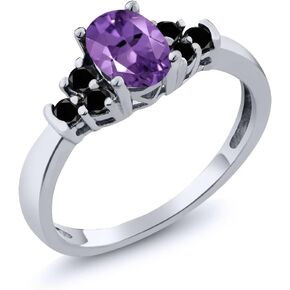 Gem Stone King 925 Sterling Silver Purple Amethyst and Black Diamond Ring For Women (0.65 Cttw, Oval 6X4MM, Available in size 5, 6, 7, 8, 9)
