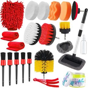 Moonlinks 21PCS Car Detailing Drill Brush Kit,Car Detailing Brushes Kit,Car Detailing Set(Drill Brushes,Windshield Brush,Car Drill Polishing Pads,Scouring Pads,Wash Mitt,Cleaning Gel,Spray Bottle)
