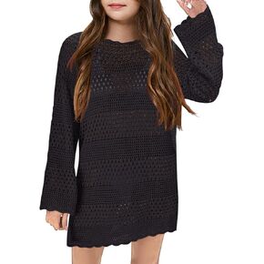 MURMUREY Girls Crochet Swimsuit Cover Up Kids Long Sleeve Hollow Out Swimwear Bikini Beach Dress