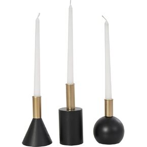 Deco 79 Wood Geometric Decorative Candle Holder Candle Stand with Varying Shapes and Gold Accents, Set of 3 Candlestick Holder 7", 5", 6" H, Black
