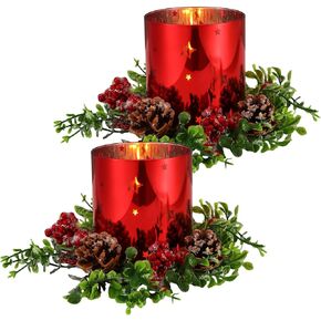 4 Pcs Christmas Glass Candle Holders 4.7 inch Glass Xmas Candle Holder, 2 Pcs Votive Candle Berry Ring with Pinecones and 2 Pcs Christmas Candle Holders Decorative for Table Centerpieces Decor