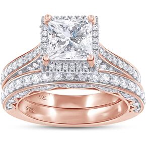 2 CT Princess Cut Lab Created Moissanite Diamond Halo Engagement Wedding Ring Set For Women In 14K Gold Over Sterling Silver (VVS1 Clarity, 2Cttw)