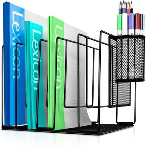Metal Desktop File Sorter Organizer with Pen Holder, 5-Section Upright File Folder Holder Bookshelf for Office, Home & Classroom, Great for Desk File Book Document Organizer, Black - 1 Pack