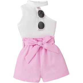 Floerns Toddler Girl's 2 Piece Outfits Solid Tank Top and Shorts Set with Belt