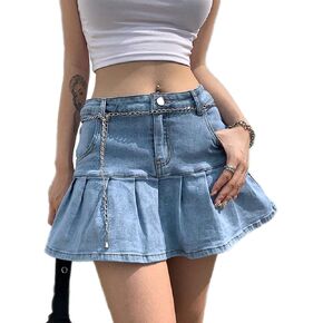 Bowanadacles Women Fashion High Waist Pleated Ruffle Denim Skirt School Uniform A-line Mini Skirt with Lining Shorts Girls