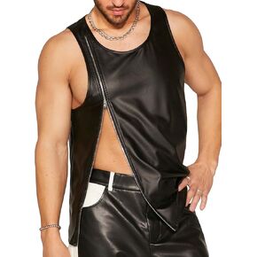 WDIRARA Men's PU Leather Tank Tops Zipper Front Sleeveless Round Neck Party Tank Tops
