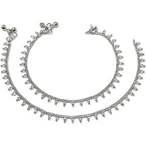 Indian Silver Plated Womens Chain Jingle Bell Anklet Paayal Set in Rhinestones Everyday Wear - Bridal Wedding Dance Party Gift Set