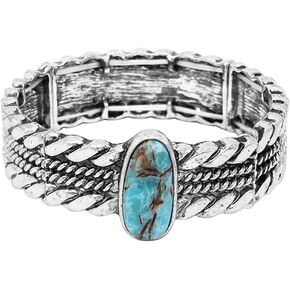 Rosemarie & Jubalee Women's Western Style Burnished Silver Tone Turquoise Howlite Statement Stretch Bangle Bracelet,7.25"