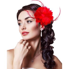 Red Flower Fascinator Feather Flower Red Hair Clip Pin Brooch Corsage Bridal Hairband Cocktail Banquet Party Wedding Accessories