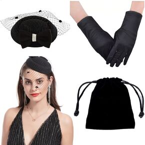 Women Pillbox Hat Pearl Bow Fascinator Hat Headwear with Mesh Veil for Wedding Tea Party Church and Short Opera Satin Gloves