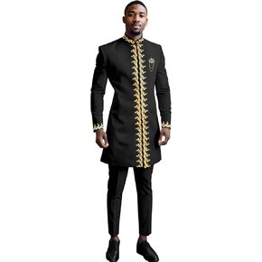 Men's Suit Gold Embroidery Blazer and Pants Set Dashiki Jacket Traditional African Clothes with Chain