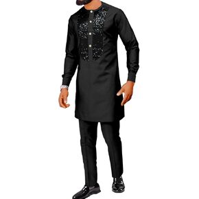 SEA&ALP African Men's Fashion Sequin Clothing Classical Long Sleeve Shirt and Pant Two Pieces Suit Dashiki Formal Outfits