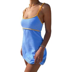 فساتين Seyurigaoka Cami المرقعة Y2K فستان قصير بدون ظهر وحزام سباغيتي بدون أكمام فستان قصير لقضاء العطلات على الشاطئ in Kuwait