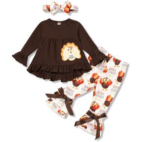 Toddler Girl Thanksgiving Outfits Turkey Print Dress Top+Plaid Flares Pant Baby Girl Thanksgiving Clothes Set