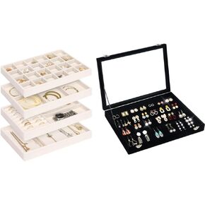 Jenseits 4 Jewelry Organizer Drawer Insert, Stackable Velvet Jewelry Tray Organizer Display Case Storage Containers,Earring Organizer Tray, Earring Box with Clear Lid 80 Slots Velvet Drawer