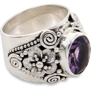 NOVICA Artisan Handmade Amethyst Cocktail Ring Floral Sterling Silver Faceted from Bali Purple Single Stone Indonesia Birthstone [crownbezel 0.5 in L x 0.4 in W x 0.2 in H Band Width 10 mm W] '