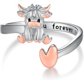 Highland Cow Gifts 925 Sterling Silver Adjustable Highland Cow Open Ring Cute Cow Jewelry Gifts for Women