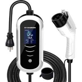Level 1 & 2 EV Charger, 16A 110V-240V, 25ft Cable, Portable EVSE J1772 Electric Vehicle Charger with NEMA 6-20 Plug & 5-15 Adapter for Home Outdoor, Adjustable Current, Scheduled Charging