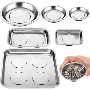 6 Pcs Magnetic Trays Set Square and Round Magnet Tool Tray Stainless Steel Magnetic Parts Tray Magnetic Tool Holder for Screws Nuts Sockets Pins Bolts Metal Parts Mechanic and Automotive