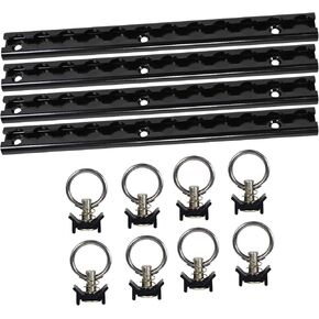 Mytee Products 4 Pcs of 12 inch Black L Track Rail & 8 Pcs of Single Stud Fitting Hooks with Round Ring for Trailers & Pickup Trucks - Heavy Duty L Track Tie Down System for Motorcycles, ATVs & UTVs