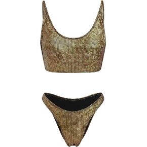 FYMNSI Shiny Tankini Swimsuits For Women Sparkly Cami Crop Top and Cheeky Bikini Shorts Bottoms 2PCS Strappy Rave Outfits
