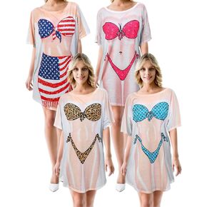 4 Pcs Women's Bikini Cover up Shirt Short Sleeve Bikini Print Dress Funny Swimsuit Baggy Shirt Swimwear for Women