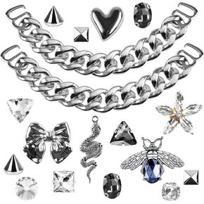 18 Pcs Bling Jewels Shoe Charms Cool Punk Style Clog with Chains DIY Sandals Y2K Shoe Charms for Cute Shoe Charms for Women Shoe Decoration Silver