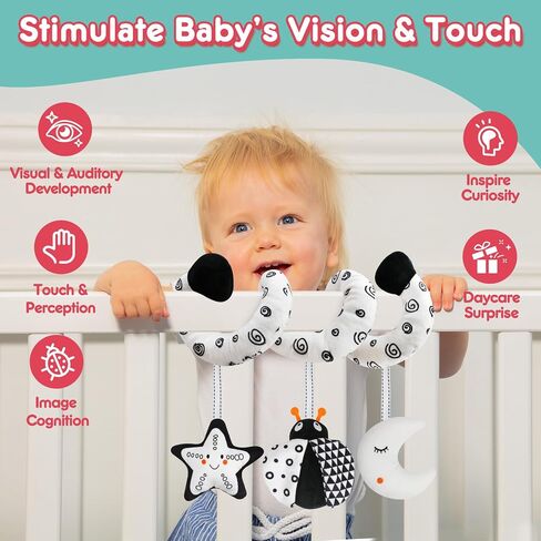 GKDOMS Baby Car Seat Toys Spiral Stroller Activity Toy Black and White High Contrast Sensory Toy Newborn Plush Hanging Toys Party Favors Baby Shower Thank You Gifts for 0-6Months Boys and Girls-BEE in Kuwait