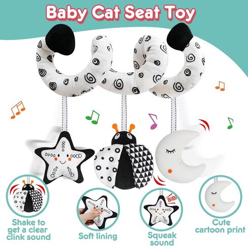 GKDOMS Baby Car Seat Toys Spiral Stroller Activity Toy Black and White High Contrast Sensory Toy Newborn Plush Hanging Toys Party Favors Baby Shower Thank You Gifts for 0-6Months Boys and Girls-BEE in Kuwait
