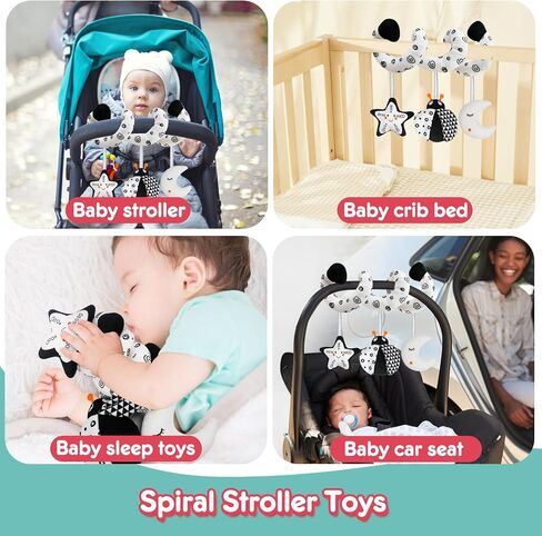 GKDOMS Baby Car Seat Toys Spiral Stroller Activity Toy Black and White High Contrast Sensory Toy Newborn Plush Hanging Toys Party Favors Baby Shower Thank You Gifts for 0-6Months Boys and Girls-BEE in Kuwait