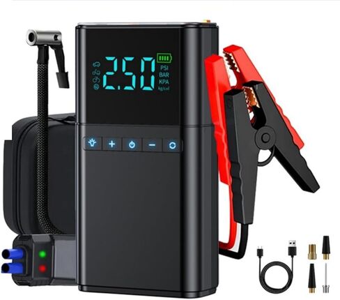 Portable Car Jump Starter with Air Compressor, 150PSI 1500A Car Battery Jump Starter (All Gas/10L Diesel), 12V Jump Box Car Battery Jumper Starter with Large LCD Display for Car, Bike, Ball. in Saudi Arabia