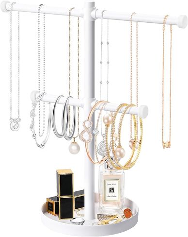 Necklace Holder Organizer Stand,2-Tier Sturdy Metal Jewelry Stand with Round Tray for Bracelet Bangles Holder Display,12.9" Tall for Long Necklace in Kuwait