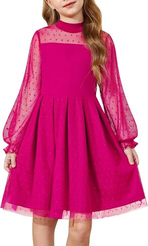 Arshiner Girls Dresses Contrast Mesh Puff Long Sleeve Mock Neck Formal Party A Line Short Tulle Dress in Saudi Arabia