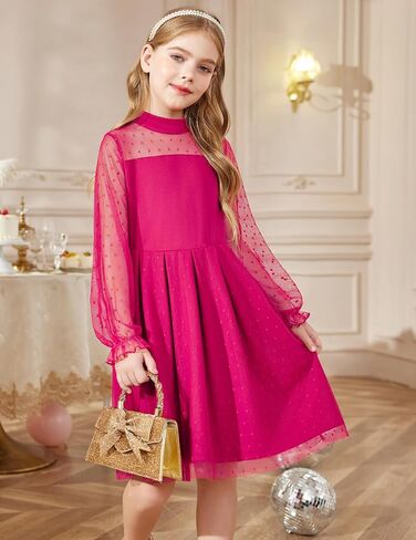 Arshiner Girls Dresses Contrast Mesh Puff Long Sleeve Mock Neck Formal Party A Line Short Tulle Dress in Saudi Arabia