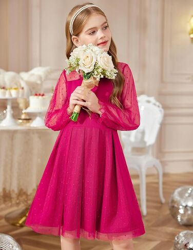 Arshiner Girls Dresses Contrast Mesh Puff Long Sleeve Mock Neck Formal Party A Line Short Tulle Dress in Saudi Arabia