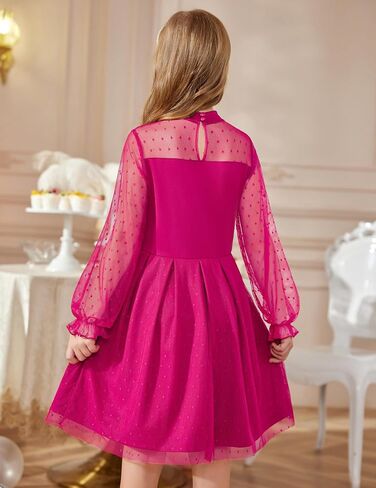 Arshiner Girls Dresses Contrast Mesh Puff Long Sleeve Mock Neck Formal Party A Line Short Tulle Dress in Saudi Arabia