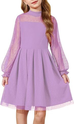 Arshiner Girls Dresses Contrast Mesh Puff Long Sleeve Mock Neck Formal Party A Line Short Tulle Dress in Saudi Arabia
