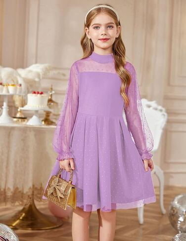 Arshiner Girls Dresses Contrast Mesh Puff Long Sleeve Mock Neck Formal Party A Line Short Tulle Dress in Saudi Arabia